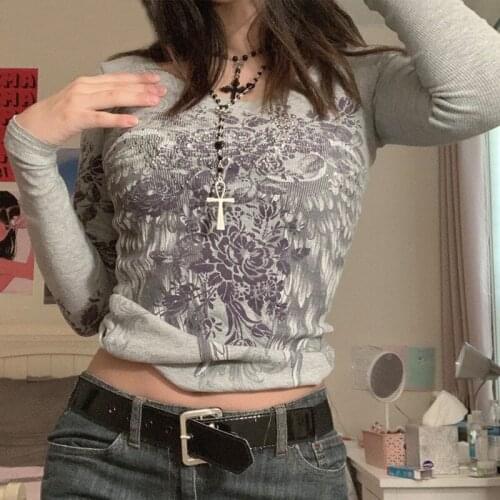 Retro Y2K Grunge Tshirts Fairycore Harajuku Graphic Print Gray Cute Casual Tshirts Streetwear Dark Academia Tops