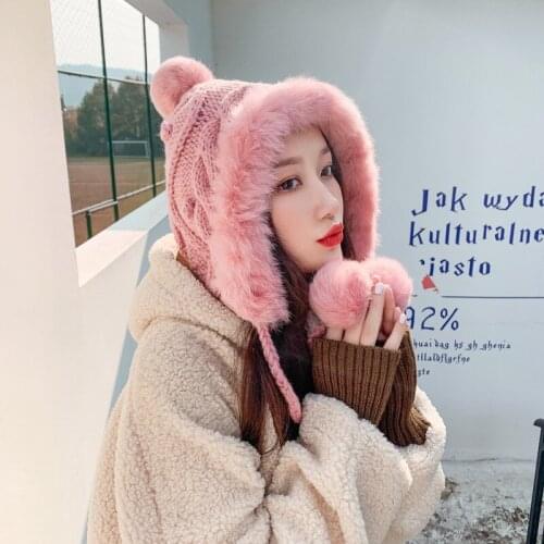 Korean Style Knitted Wool Hat Thick Warm Earflaps Cute Ushanka Winter Trendy Women