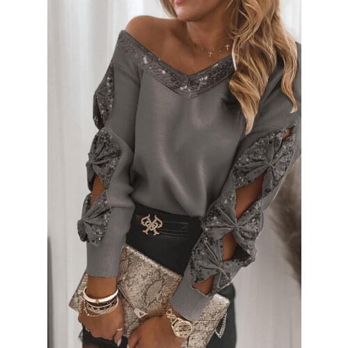 Hollow Out Bowknot Sequins Tops Shirt Women Casual Patchwork Loose Blouse Spring 2021 Long Sleeve Pullover Blusa