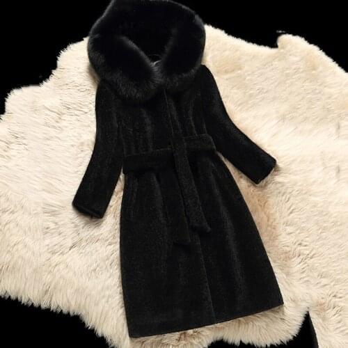 2019 winter Fashion Women Fur Jacket high quality 100% True Sheep Fur Outwear with Fox Fur Collar Long Coat With Balls