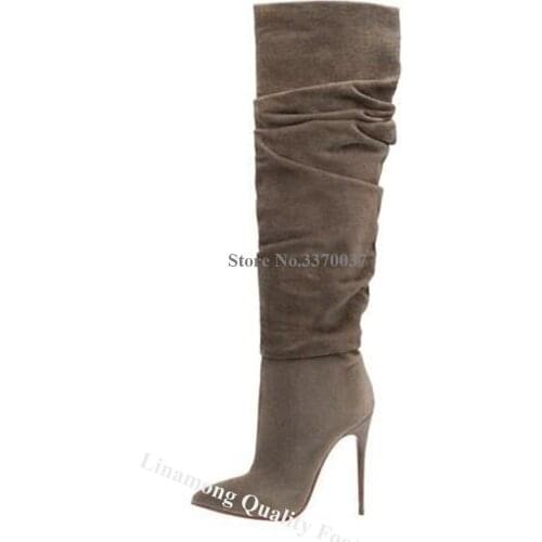 Linamong Sexy Pointed Toe Suede Leather Stiletto Heel Knee High Boots Side Zipper-up Long High Heel Boots Dress Heels Shoes