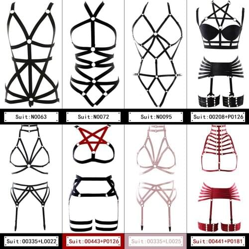 Harajuku Punk Full Body Hraness Set Women Bra See Through Strappy Lingerie Bondage Garter Belt Elastic Plus Size Festival Dance