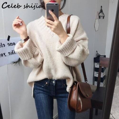 SHIJIA Apricot V-neck Sweater Woman Thick Autumn Winter 2021 Loose Knitted Pullover Korean Long-sleeve Oversized Jumper Fall