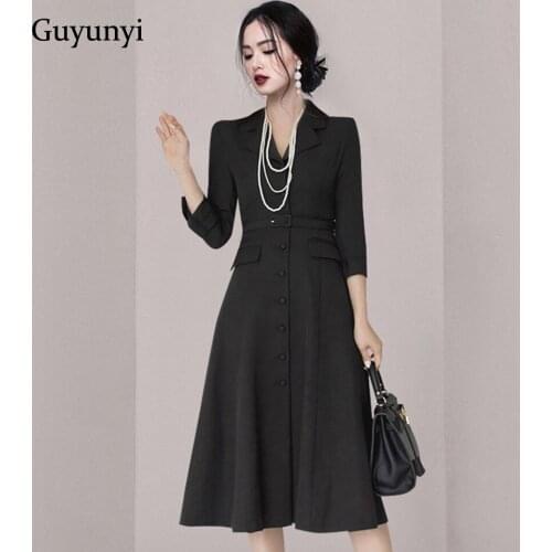 Elegant Office Lady Dress 2021 Autumn Warm Black Notched Collar Single Breasted Button Delivery Belt Womens Party Dress
