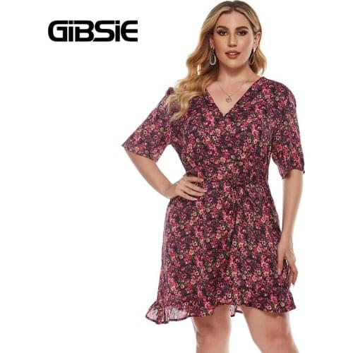 GIBSIE Plus Size V Neck Floral Print Ruffle Hem Dress Women Boho Casual Summer Short Sleeve Tie Waist Vintage Mini Dresses