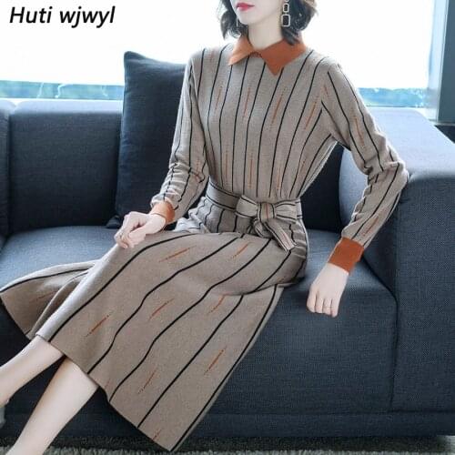 2021 Vintage Female Striped Midi Dresses Autumn Winter New 3XL Plus Size Long Sleeve Dress Elegant Women Bodycon Party Vestidos