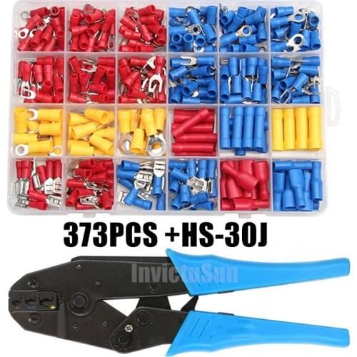 373PCS Assorted Spade Terminals Insulated Cable Connector Electrical Wire Crimp Butt Ring Fork Set Ring Lugs Crimp plier Kit