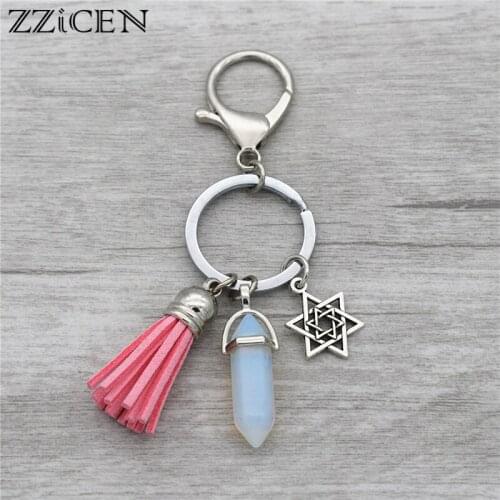 4 Colos David Star Jewelry Gifts for Women Men Natural Opal Stone Antique Star of David Pendant Key Chain Rings Keychain