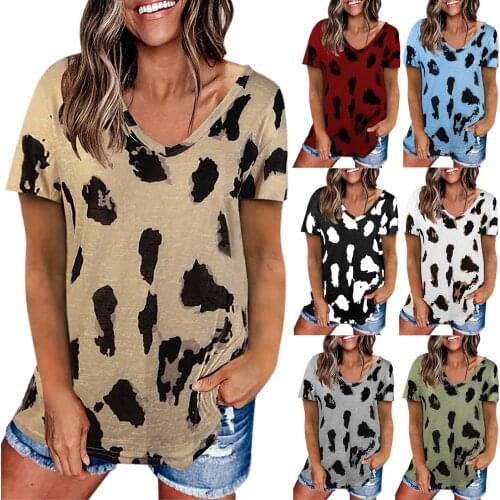 Womens Blouses Summer Leopard Print Raglan Short Sleeve Basic Blouse Oversized Loose Short Sleeve Tunics Casual Blouses 2021