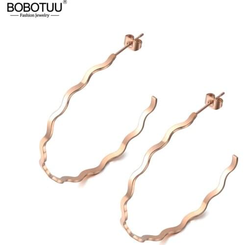 BOBOTUU Stainless Steel Jewelry Large Bending Circle Earrings For Women Punk Hyperbole Rose Gold Earrings Gift Party BE18086