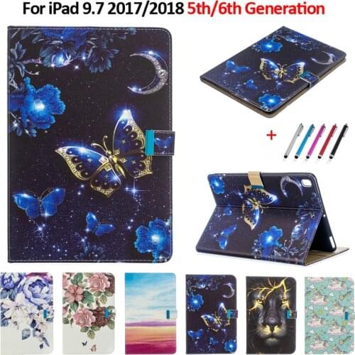 Flower Butterfly Tablet Case For Apple iPad 9.7 2017 2018 5th/6th Generation Funda Case A1822 A1823 A1893 Stand Wallet Cover+Pen