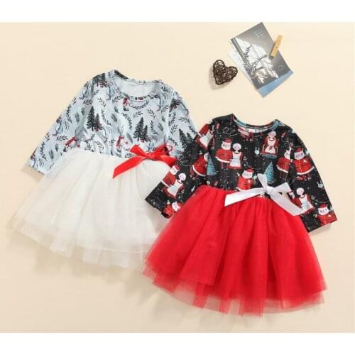 Infant Christmas Tulle Dress Girls Cartoon Print Long Sleeve Round Neck with Bow For Toddler Girls Spring And Autumn 1-6Years