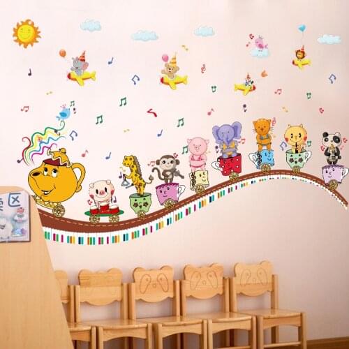 DIY Cartoon Teapot Animal Train Wall Stickers Childrens Room Kindergarten Nursery School Classroom Vinyl Wall Decoration Decals