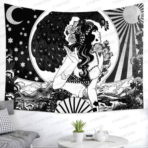 Sexy Woman Art Sun and Moon Flower Tapestries for Living Room Bedroom Décor