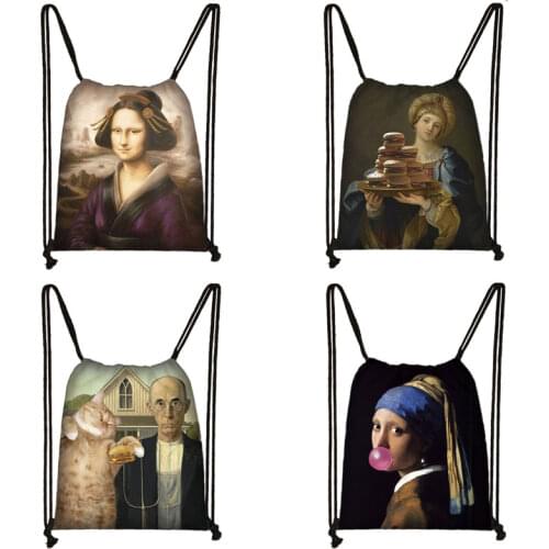 Interesting Fun Mona Lisa Wear Kimonos Painting Ladies Canvas Drawstring Bag Fashion Backpack Teenagers Shoe Bags