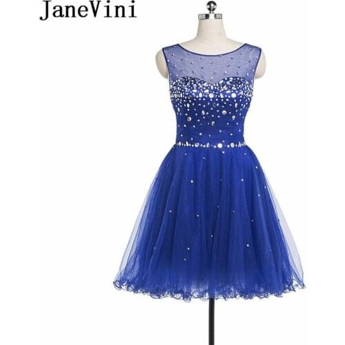 JaneVini Royal Blue Short Homecoming Dresses Crystal Beaded Tulle Formal Dress A Line Robe Courte Open Back Women Party Gowns