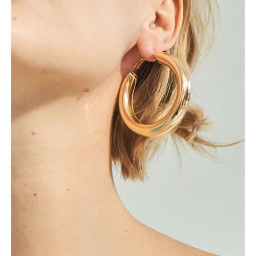 Hiphop Punk Alloy Hoop Earrings Minimalis Thick Tube Metal Boho Statement Earrings Gold Silver Color Circle Round Jewelry