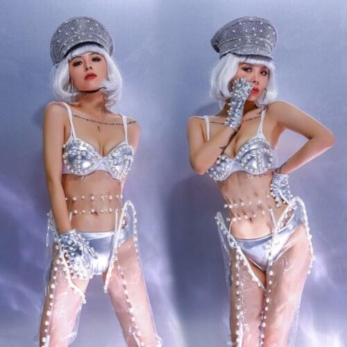 Nightclub Bar Pole Dancing Clothing Sexy Pearl Bikini Suit Transparent Pants Jazz Hiphop Gogo Performance Stage Wear YS1317