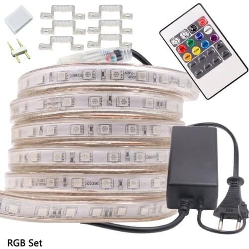 RGB led strip 220V 240V 5050 Waterproof Flexible Led Tape Light White 60leds/m 1M/5M/10M/15M/20M/25m/50m/100m + Power plug kit