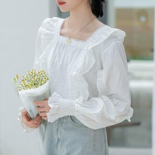 Spring New Vintage Square Collar Ruffle Long Sleeve Lace Blouse Solid Cotton Loose White Top Plus Size Women Shirts Femme Blusas