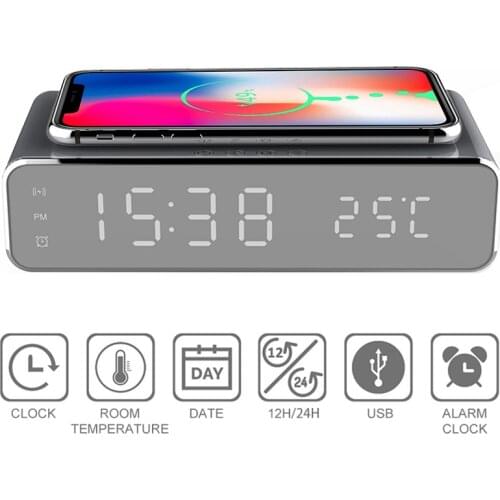 3 In1 LED Electric Alarm Clock Wireless Charger Phone Charging Pad Digital Thermometer Clock HD Clock Mirror Digital Clock Table