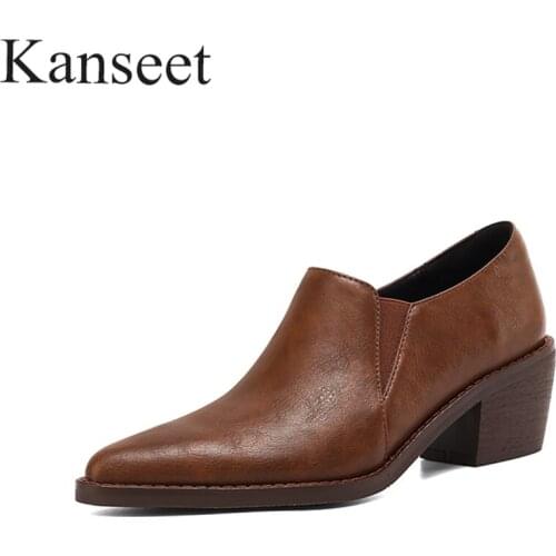 Kanseet Pointed Toe Genuine Leather Thick Heels Woman Pumps 2021 Spring Autumn Casual Black Brown Concise Daily Mid Heels Shoes