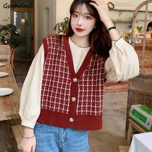 French Style V-neck Plaid Single Breasted Sweater Vest Women Preppy Temperament Sleeveless Knitwear Retro Waistcoats Casual Chic