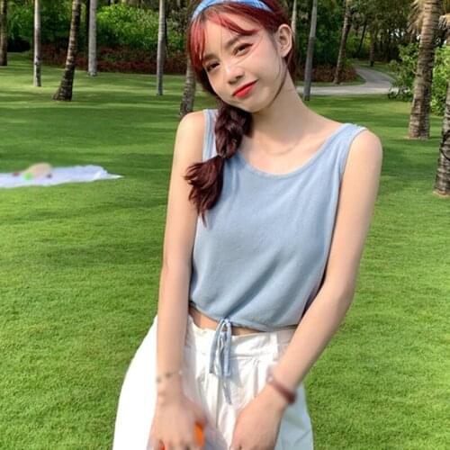 Female Solid Color Simple Tank Top Fashion Chic Drawstring Hem O Neck Sleeveless Camisole Women Vest