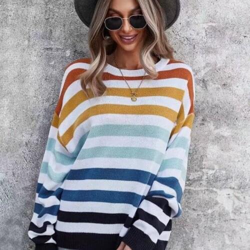 New Fall 2021 Striped Off Shoulder Aesthetic Sweaters Womens Young Series O-neck Loose Pullover Femme Casual Long Sleeve Jumper