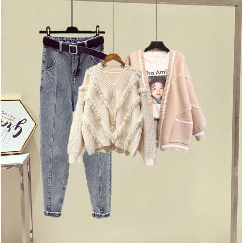 Autumn Female Long Sleeved Knitted Cardigan + Sweaters + Denim Harem Jeans Pants Suits Casual Women 3 Pieces Clothing Sets Q685