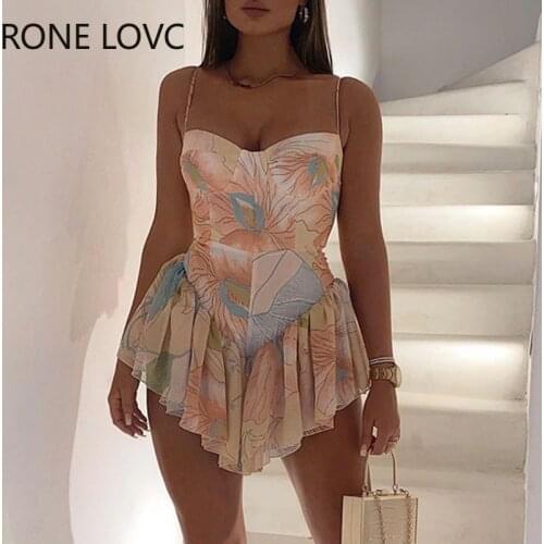Women Spaghetti Strap Blooming Floral Print Ruffles Irregular Dress Mini Dress Elegant Fashion Chic Dress