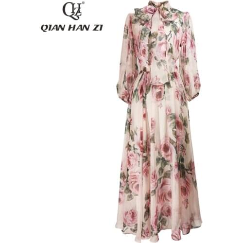 Qian Han Zi designer bow collar beach dress Women Lantern Sleeve Rose Flower Print Chiffon Slim Fashion Elegant Mid-length Dress