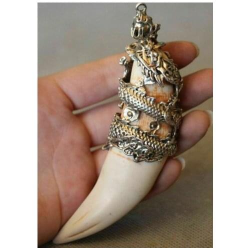 Chinese Antique Boars Tooth Hog Silver Dragon protective talisman Pendant