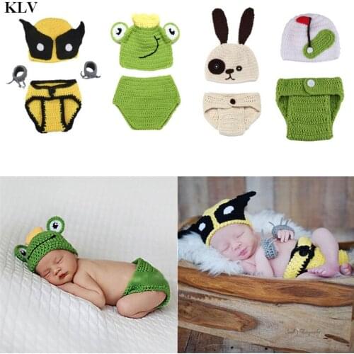 KLV Newborn Photography Baby Prop Photo Crochet Knit Costume Baby Hat Set Girl Boy Knit Warm Cartoon Dog Frog Baby Cap For 0-3M