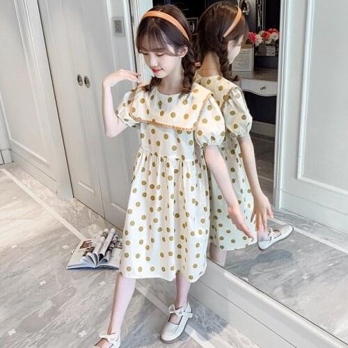 Girls dress summer new teenage girl dots turn-down collar cotton dresses children dress wholesale
