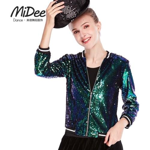Midee Hip Hop Jazz Coat Top Costumes for Boys and Girls Shining Sequin Green Mens Loose Street Dance Wear Womens Stage Fashion