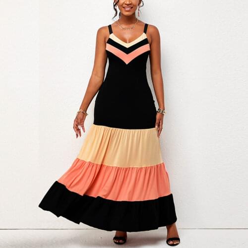 MISSJOY Women Casual Sling Sleeveless V-neck Stitching Pleated Long Dress Sexy Color Contrast High-waist Party Swing Dress
