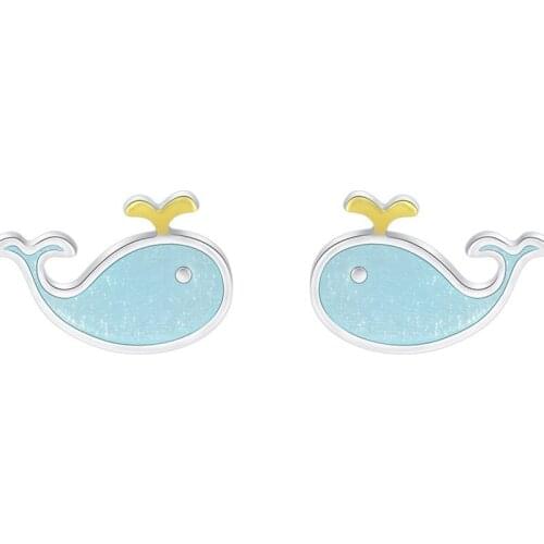 Fashion Cute Little Blue Whale Stud Earrings Silver Plated Marine Animal Stud Earrings Womens Birthday Party Jewelry Gift