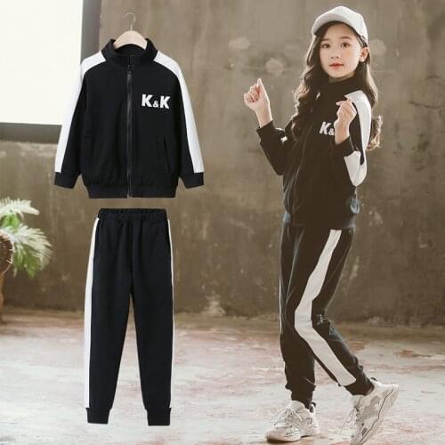 Fashion Black Sport Autumn Spring Winter Girls Boys 2 Pieces Casual Sets Tracksuit for Children School Suits Kids Clothes Teenag