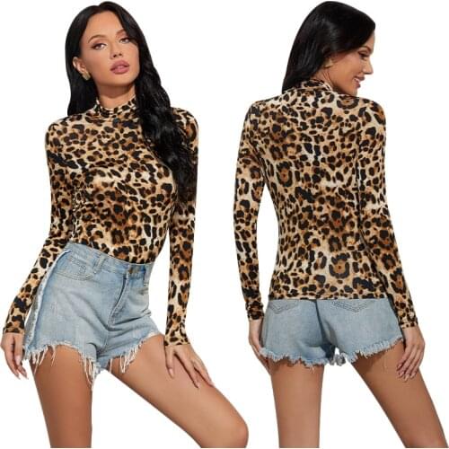Autumn Women Coat In Stock High Collar New Slim Fit Tight Leopard Lrint Inside And Outside Fashion Long Sleeve T-shirt 6079