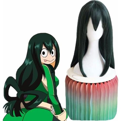 Halloween My Hero Academia Boku no Hiro Asui Tsuyu Cosplay Costume Accessories Dark Green Bowknot Wig Synthetic Long Hair