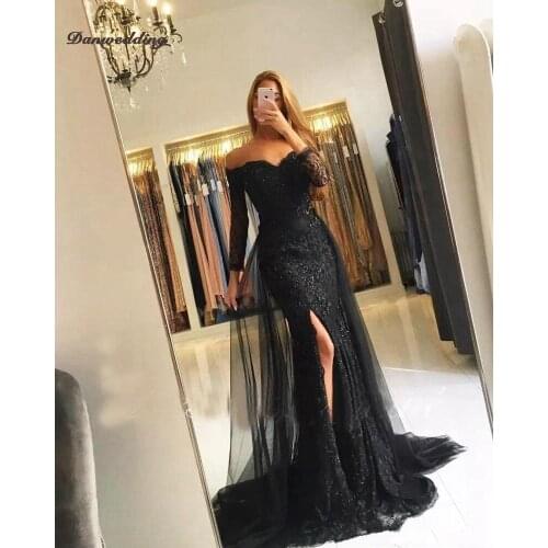 Elegant Sexy Mermaid Evening Dresses Boat-Neck Long Sleeve Side Split Court Train Prom Dress Lace Applique Girl Party Dresses