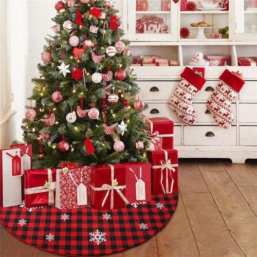 Christmas Tree Skirt, Large Buffalo Plaid Xmas Tree Mats with Snowflake Reindeer Print for Home Party Decoration