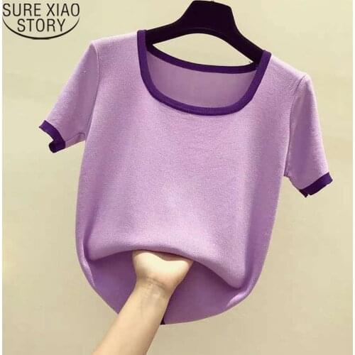Elegant Women Square Collar Simple Solid Cotton Knitted T-shirt 2020 Summer Short Sleeve Causal Vintage Shirts Ladies Tops 9593