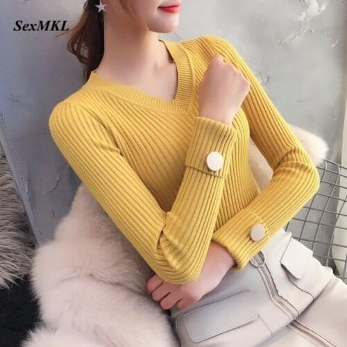 Women Casual White Sweaters 2020 Fashion V Neck Long Sleeve Winter Pullovers Korean Clothes Ladies Tops Sexy Pink Black Sweater