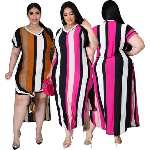 Summer Dress 2021 Women Striped Dress Elegant Short Sleeve V Neck High Split Bodycon Plus Size Dress Wholesale Dropshipping
