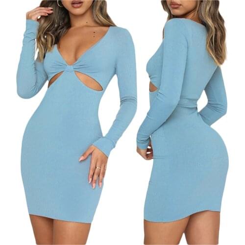 Women Sexy Sheath Dress, Adults Ribbed Long Sleeve Solid V-neck Cutout Ladies Dresses 2021 New Fashion