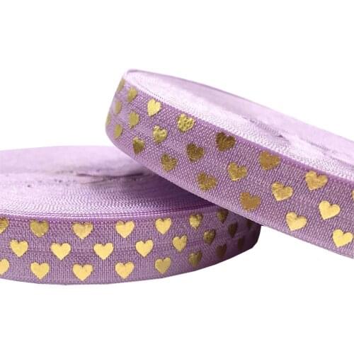 Gold Foil Love Heart Printed Fold Over Elastic Webbing 16mm 10 Yards DIY 5/8" Stretch Handmade Girls Hair Band Sewing Ribbons