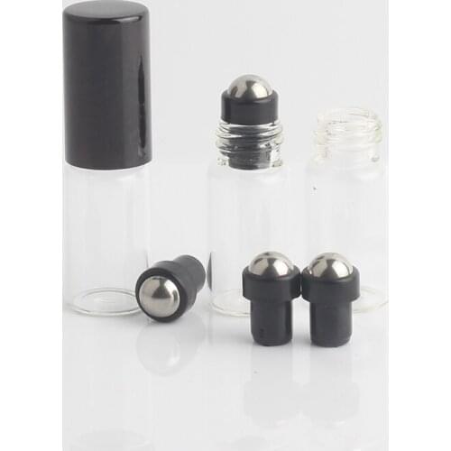 100pcs / lot 3ML clear glass bottled essential oil bottle refillable perfume container with stainless steel roller balL