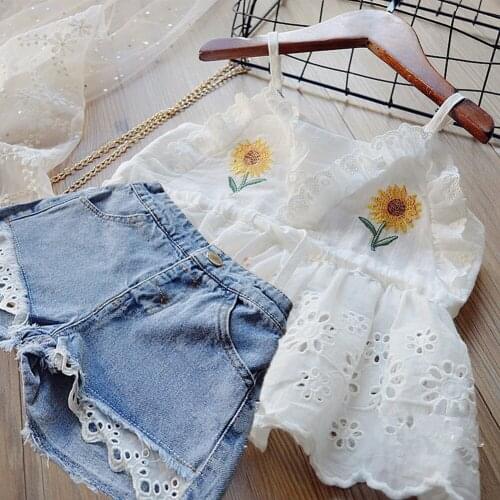 2Pcs Infant Girl Clothes Summer Kids Clothes Girls Sets Cute Sunflower Embroidery V-Neck Floral Vests Lace Denim Shorts